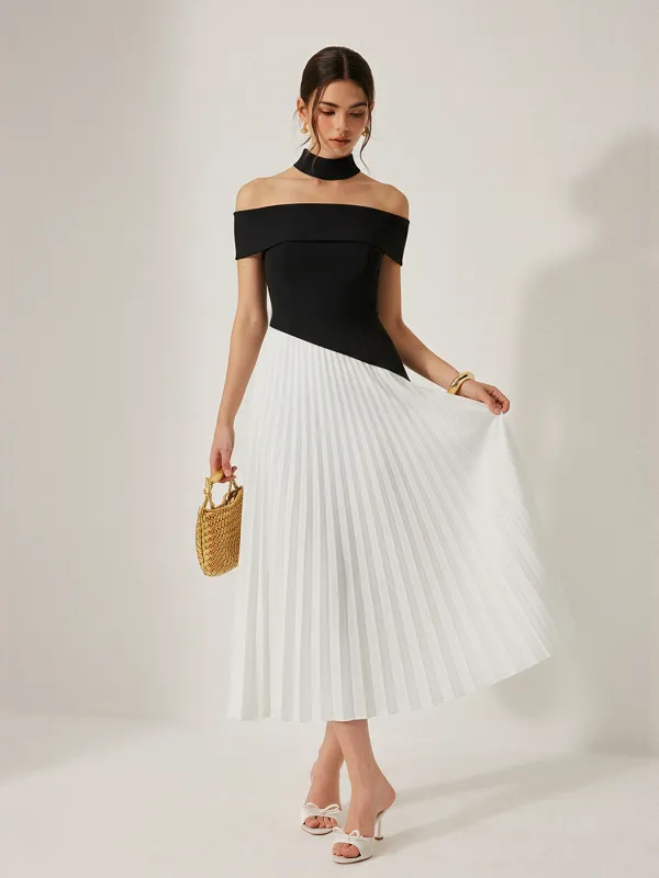 Color-Block Off-Shoulder Pleated Maxi Dress sold by COMMENSE