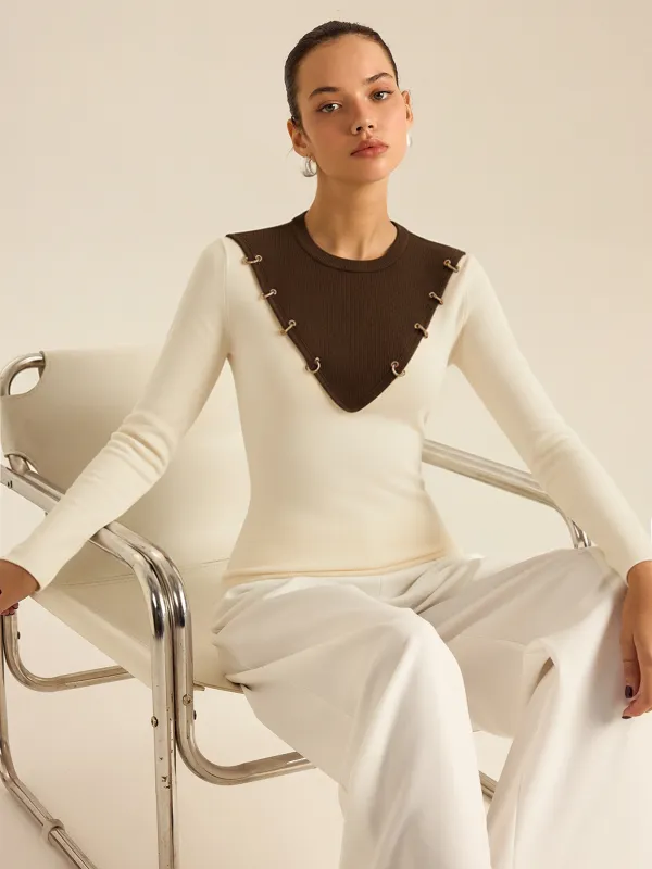 Metal Detail Color-Block Long Sleeve Knit Top sold by COMMENSE