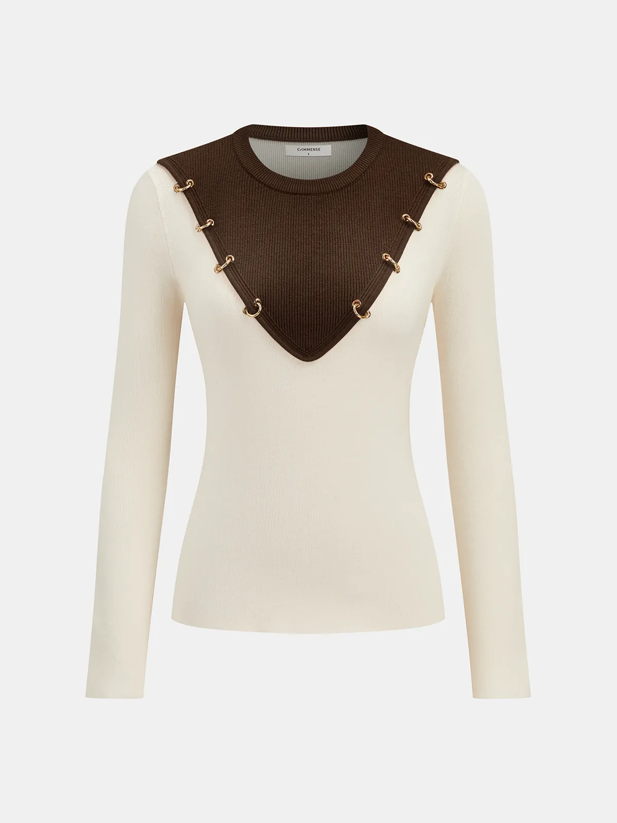 Metal Detail Color-Block Long Sleeve Knit Top sold by COMMENSE product image thumbnail 2