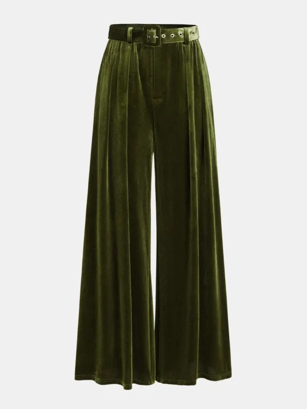 Belted Pleated Velvet Wide-Leg Pants sold by COMMENSE