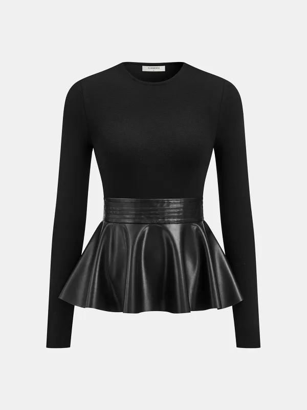 Faux Leather Peplum Long-Sleeve Top sold by COMMENSE