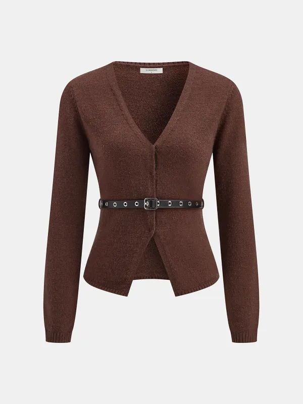 Belted V-Neck Knit Cardigan sold by COMMENSE