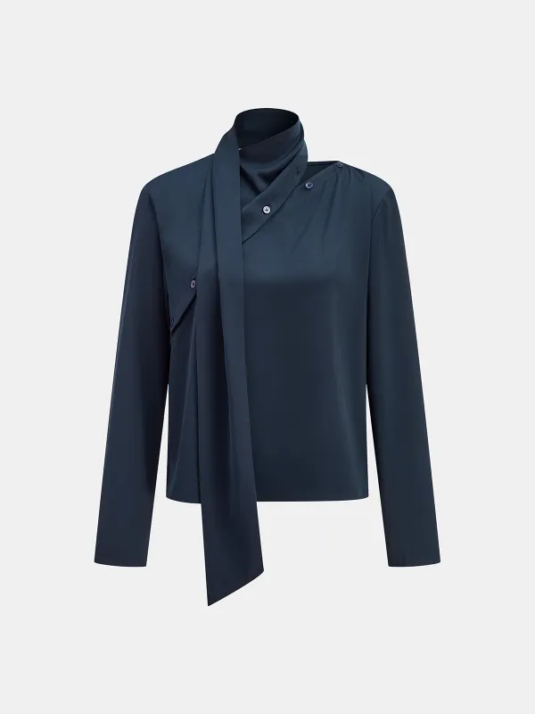 Asymmetric Tie-Neck Button Detail Satin Blouse sold by COMMENSE