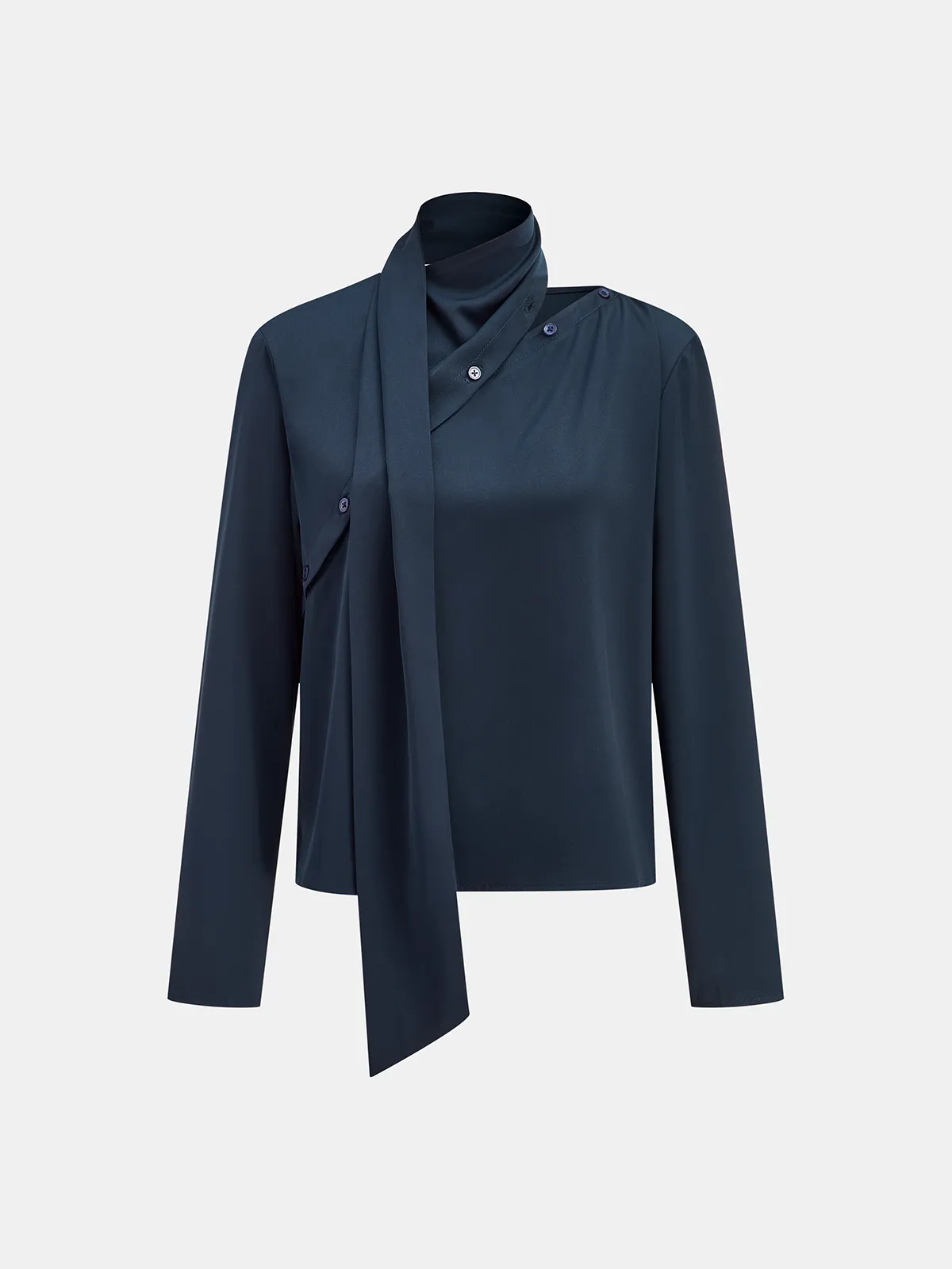 Asymmetric Tie-Neck Button Detail Satin Blouse sold by COMMENSE