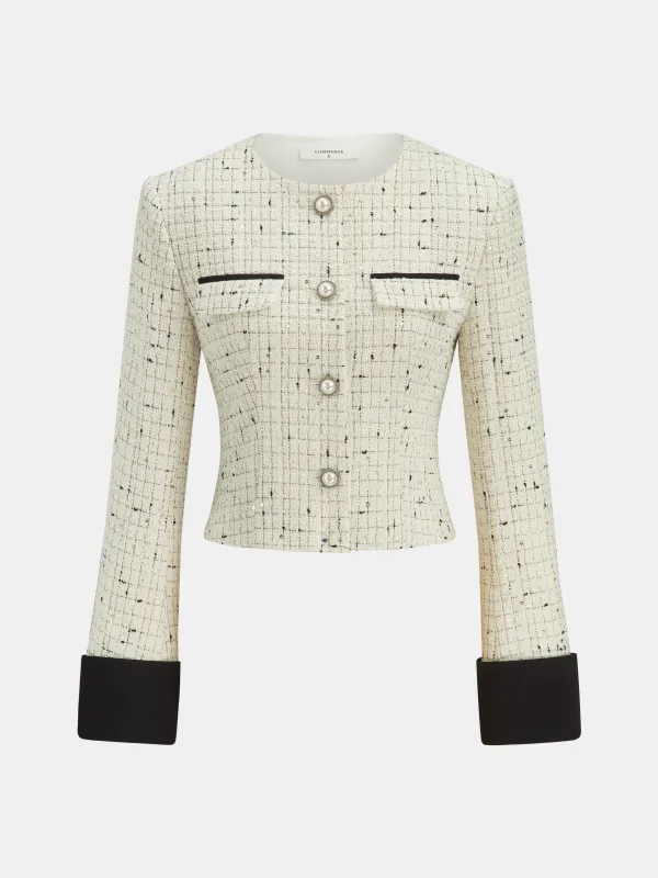 Contrast Cuff Pearl Button Tweed Jacket sold by COMMENSE