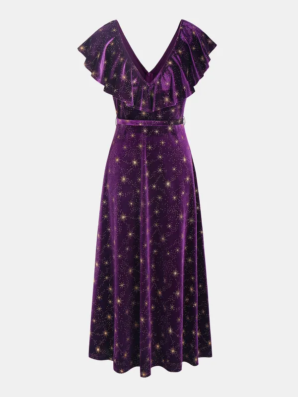 Ruffled V-Neck Star Print Velvet Midi Dress sold by COMMENSE
