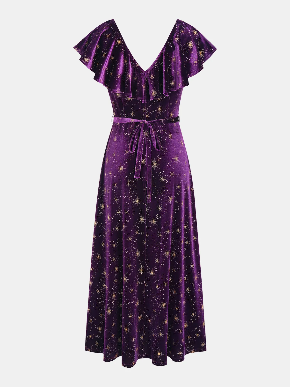 Ruffled V-Neck Star Print Velvet Midi Dress sold by COMMENSE product image thumbnail 2
