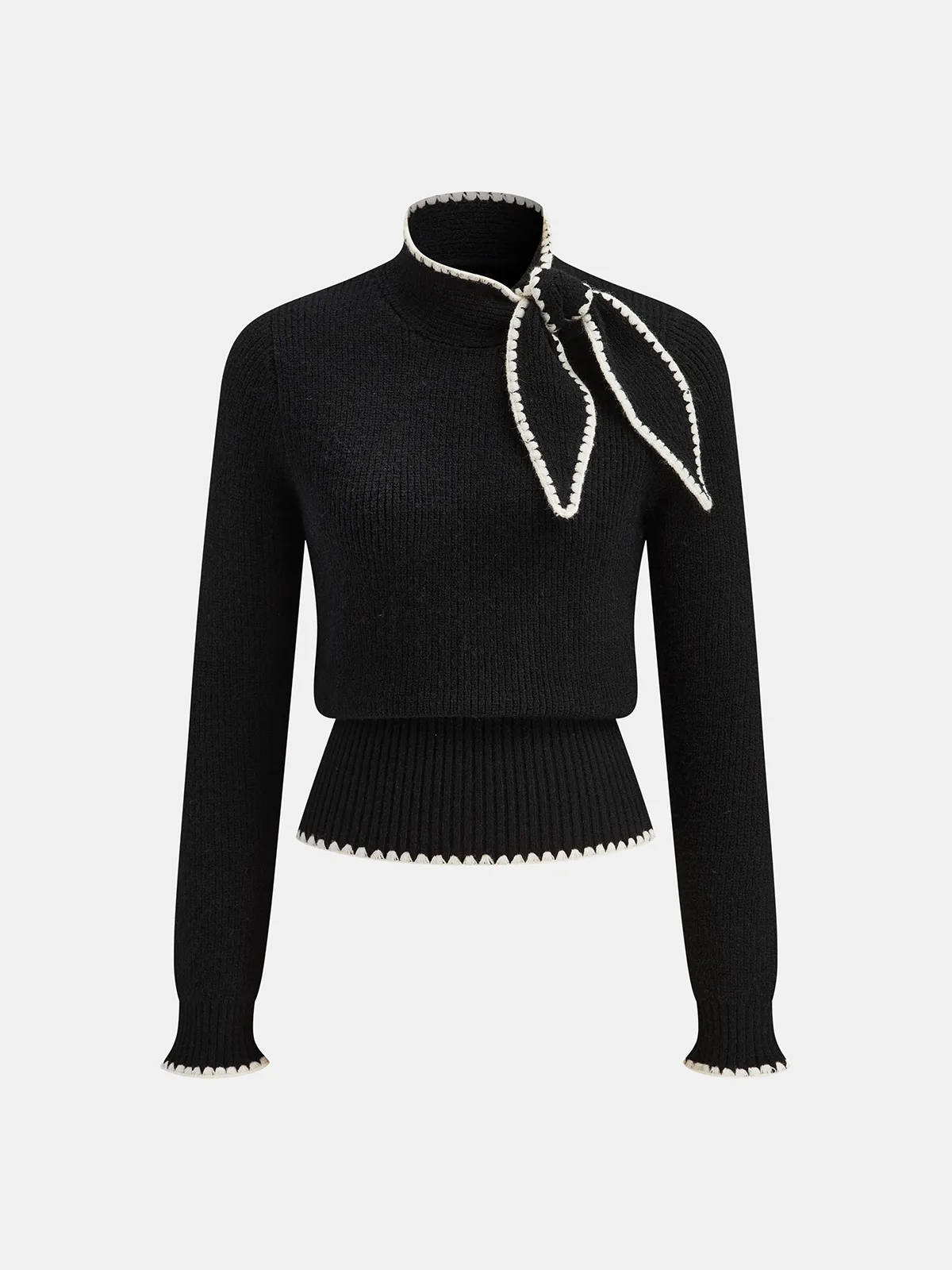 Mock Neck Tie Neck Contrast Stitch Sweater sold by COMMENSE