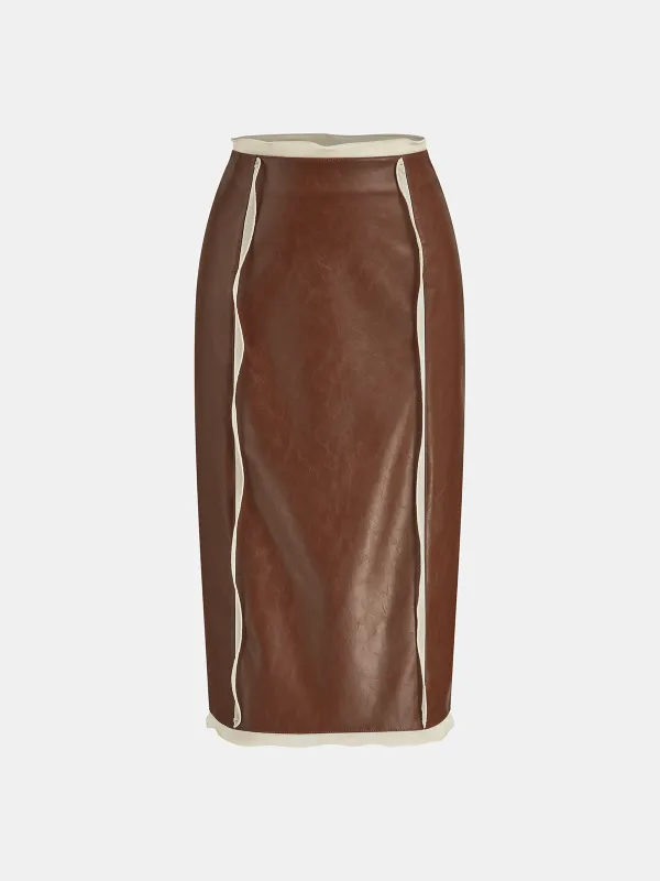 Contrast Piping Faux Leather Midi Skirt sold by COMMENSE