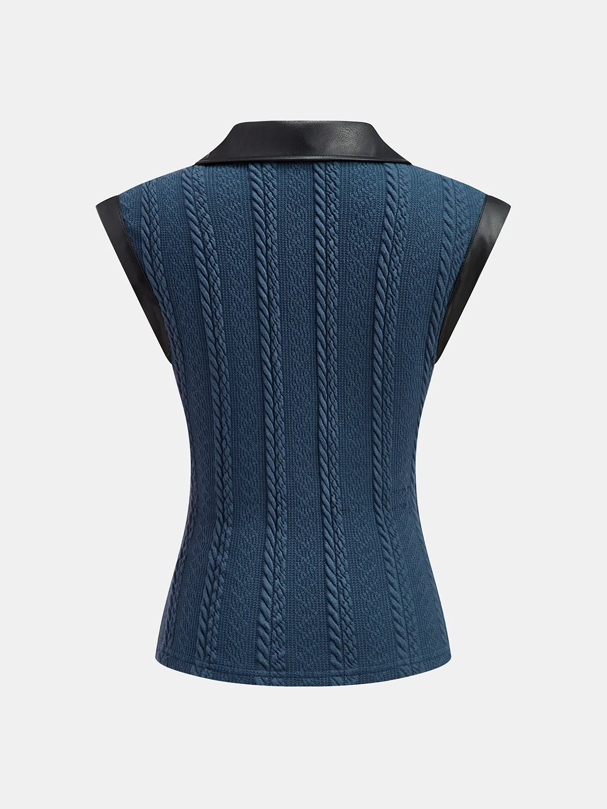 Faux Leather Panel Cable Knit Sleeveless Polo Top sold by COMMENSE product image thumbnail 4