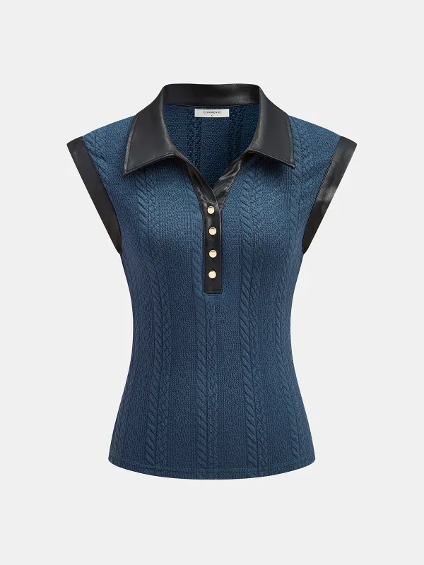 Faux Leather Panel Cable Knit Sleeveless Polo Top sold by COMMENSE