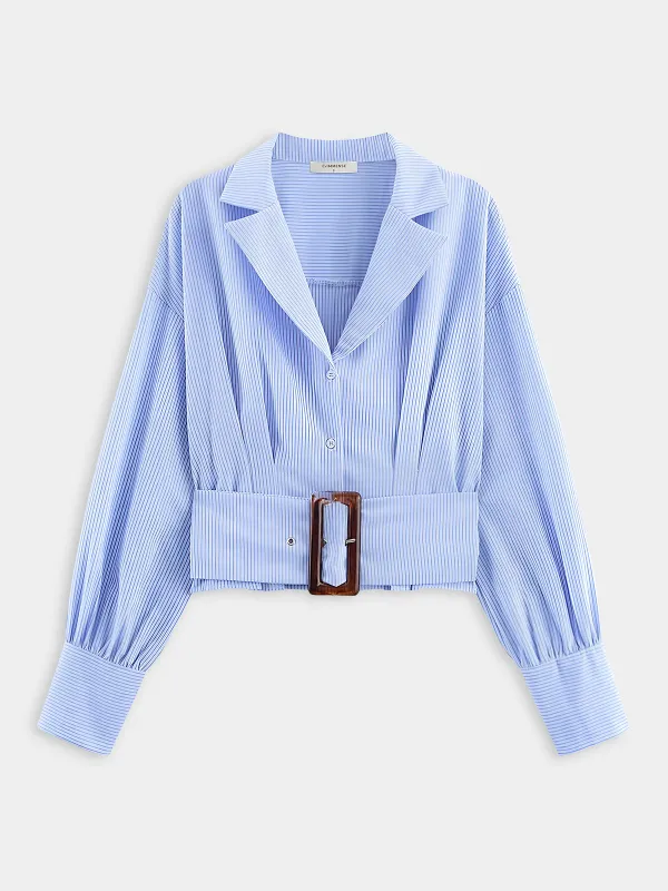 Lapel Collar Striped Belted Cropped Shirt sold by COMMENSE