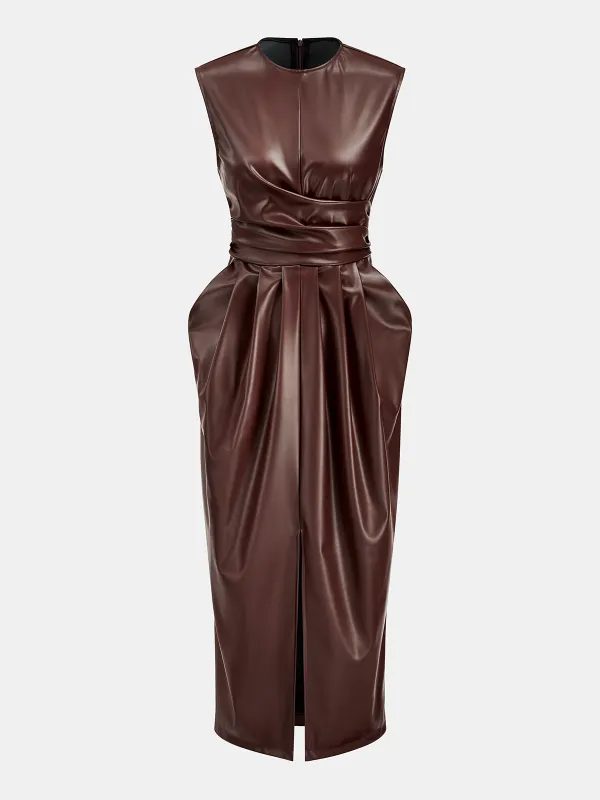 Sleeveless Slit PU Leather Draped Midi Dress sold by COMMENSE