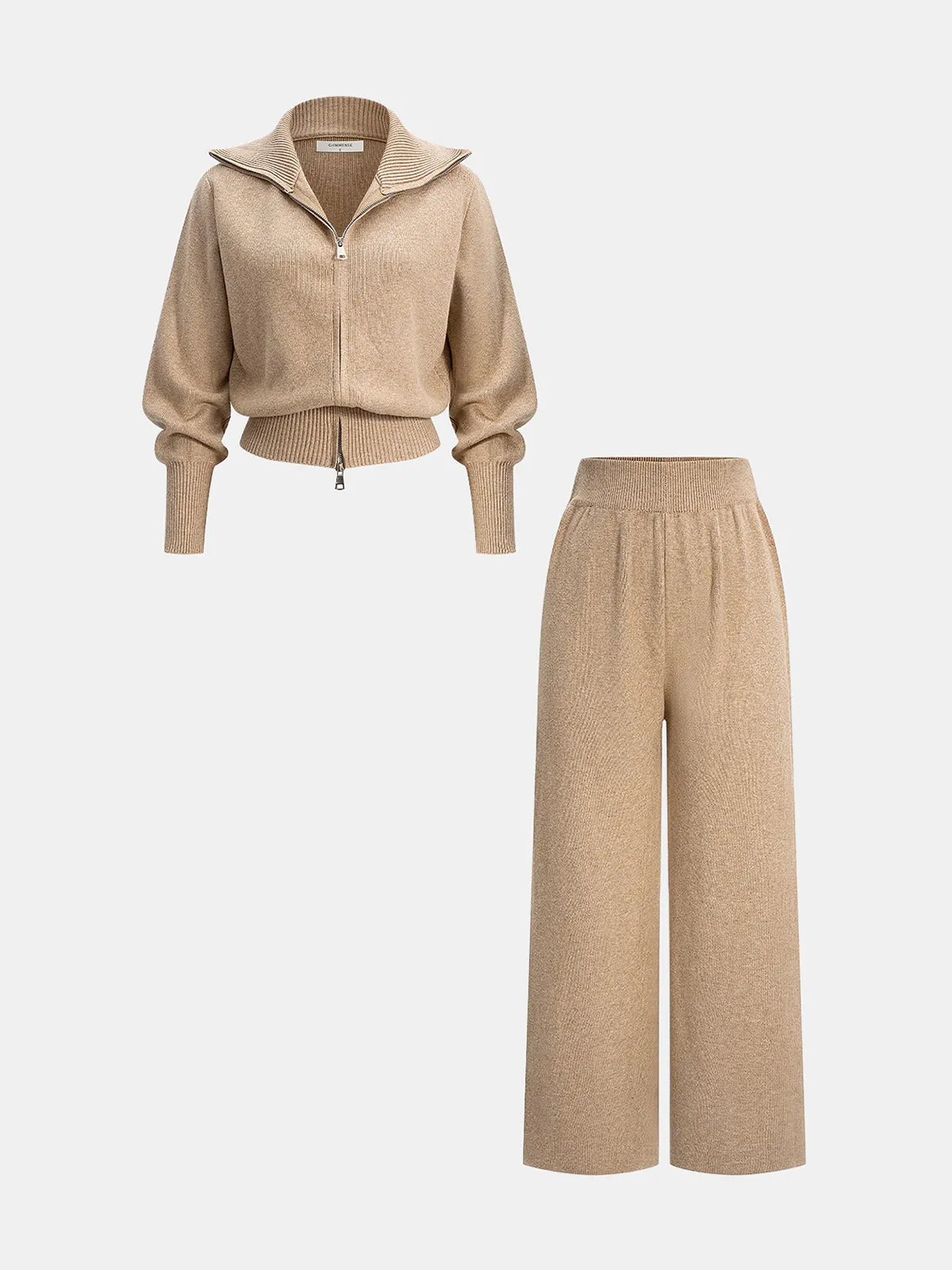 Knitted Zip-Up Jacket and Wide-Leg Pants Set sold by COMMENSE