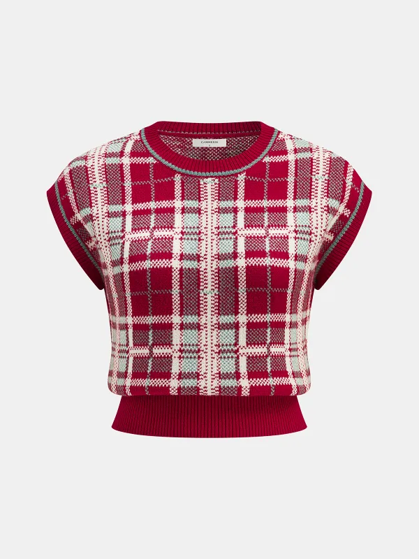 Cap Sleeve Plaid Knit Vest sold by COMMENSE
