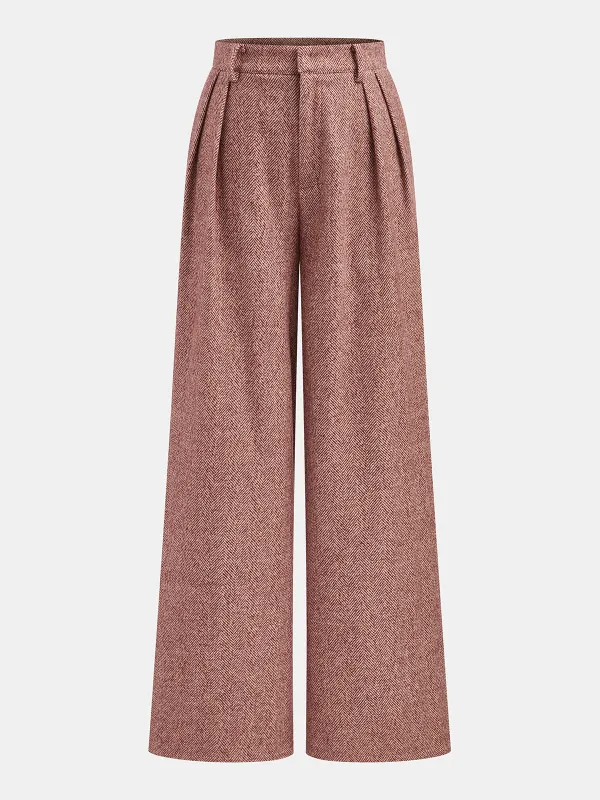 Herringbone Wool-Blend Wide-Leg Pants sold by COMMENSE