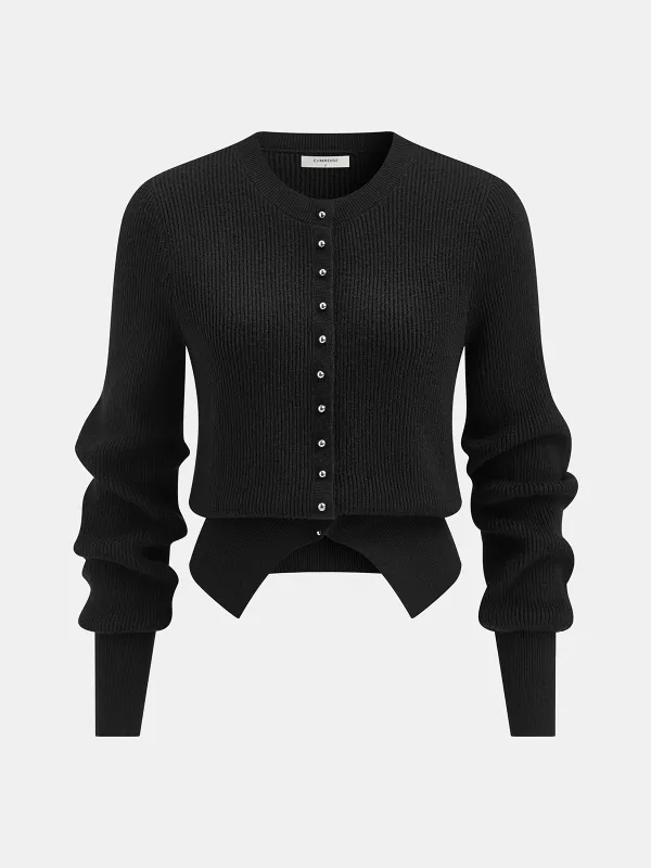 Puff Sleeve Rib-Knit Cardigan sold by COMMENSE