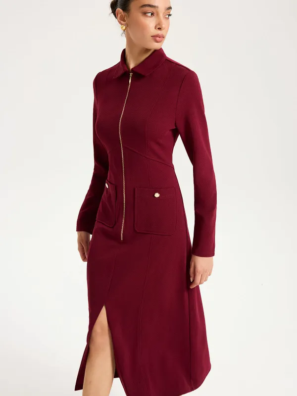 Collared Zipper Slit Midi Dress sold by COMMENSE