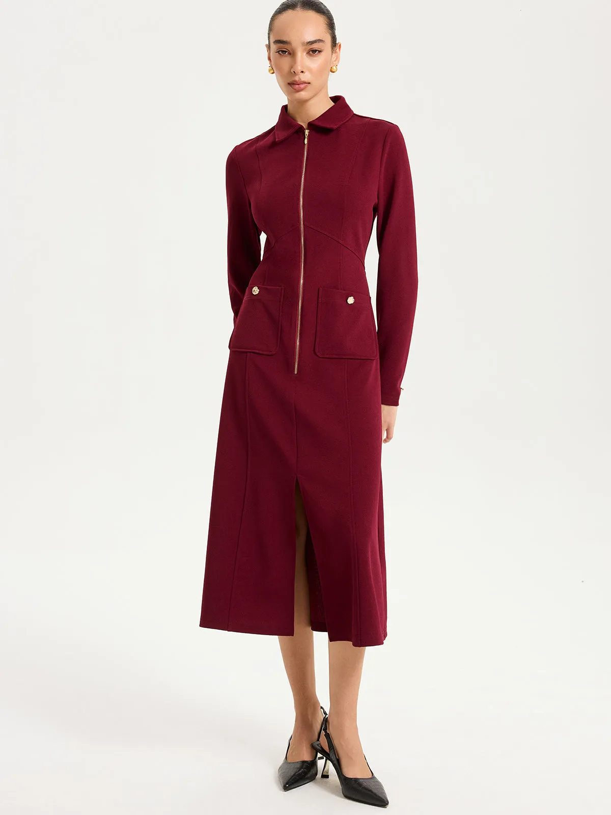 Collared Zipper Slit Midi Dress sold by COMMENSE product image thumbnail 2