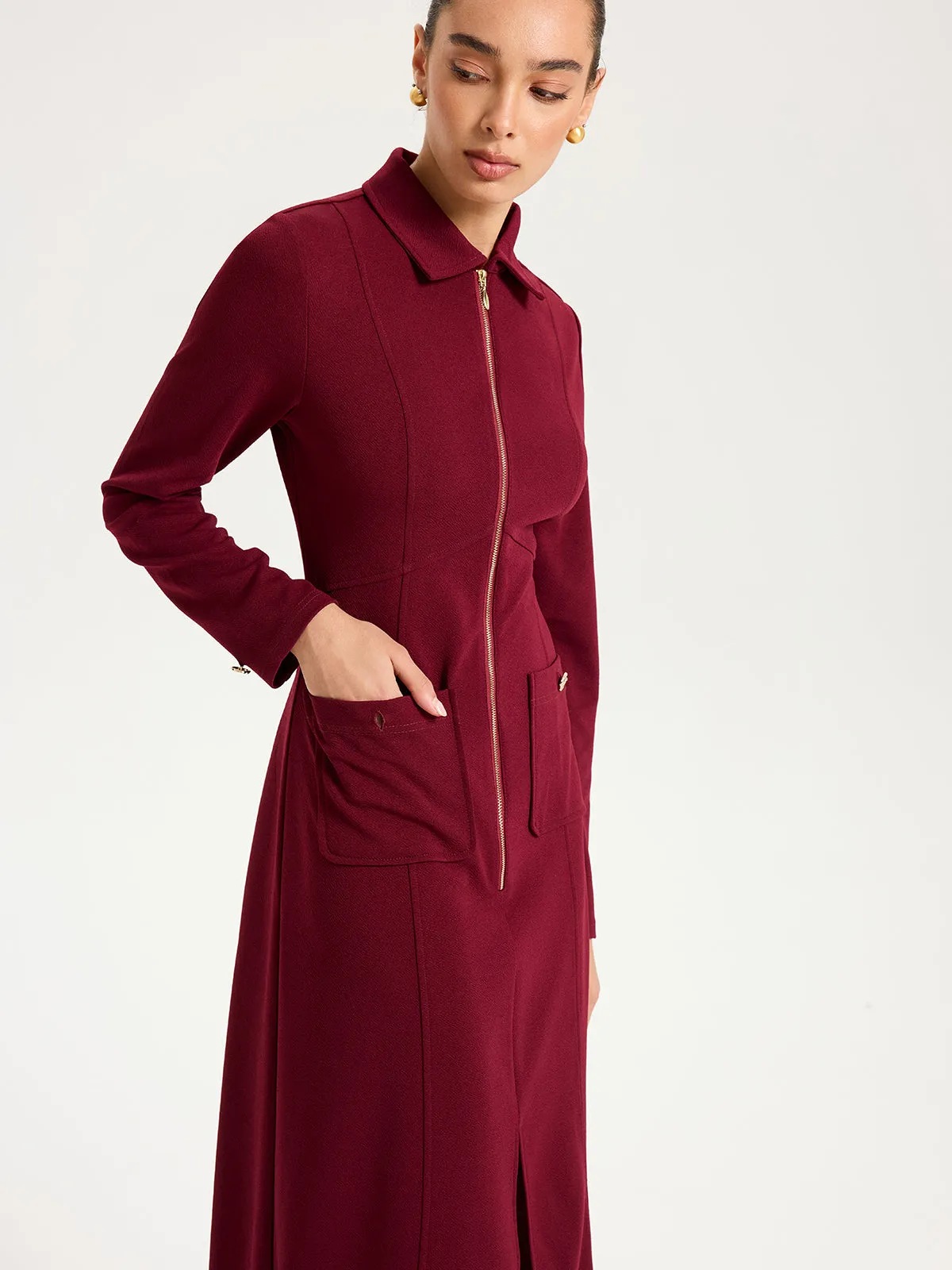 Collared Zipper Slit Midi Dress sold by COMMENSE product image thumbnail 3