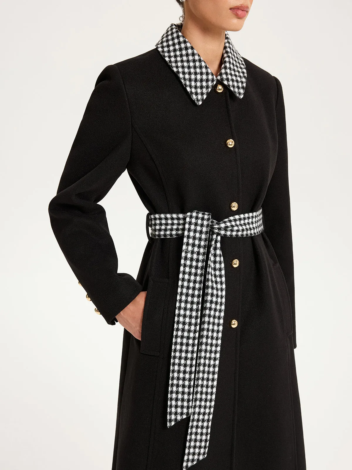 Belted Houndstooth Collar Long Coat sold by COMMENSE product image thumbnail 3