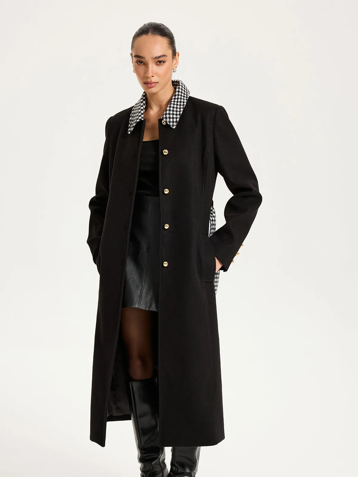 Belted Houndstooth Collar Long Coat sold by COMMENSE product image thumbnail 4