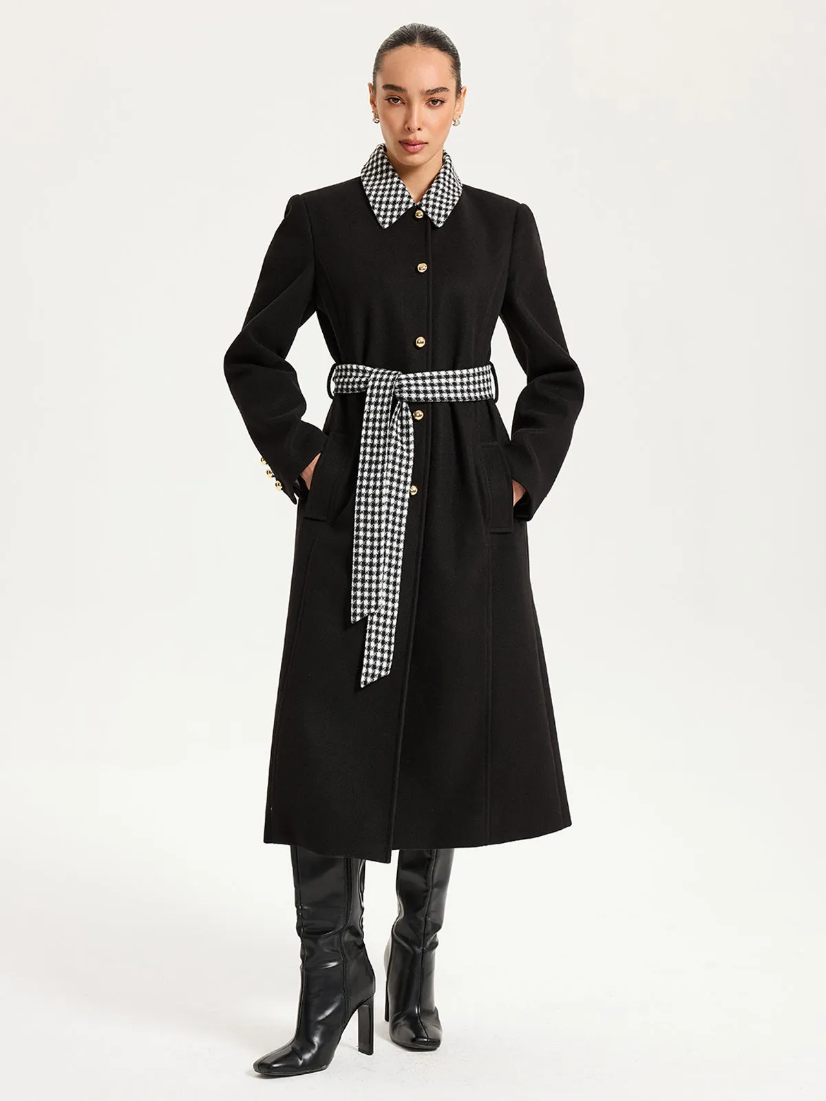 Belted Houndstooth Collar Long Coat sold by COMMENSE