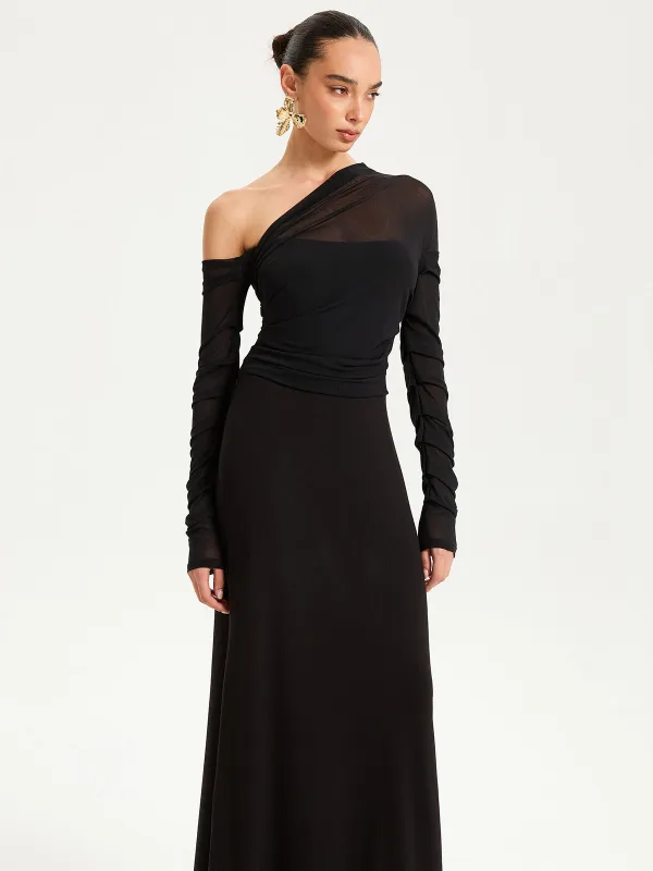 One-Shoulder Sheer Ruched Long Sleeve Maxi Dress sold by COMMENSE