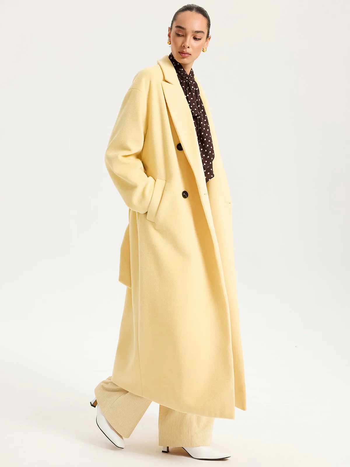 Belted Double-Breasted Lapel Long Coat sold by COMMENSE