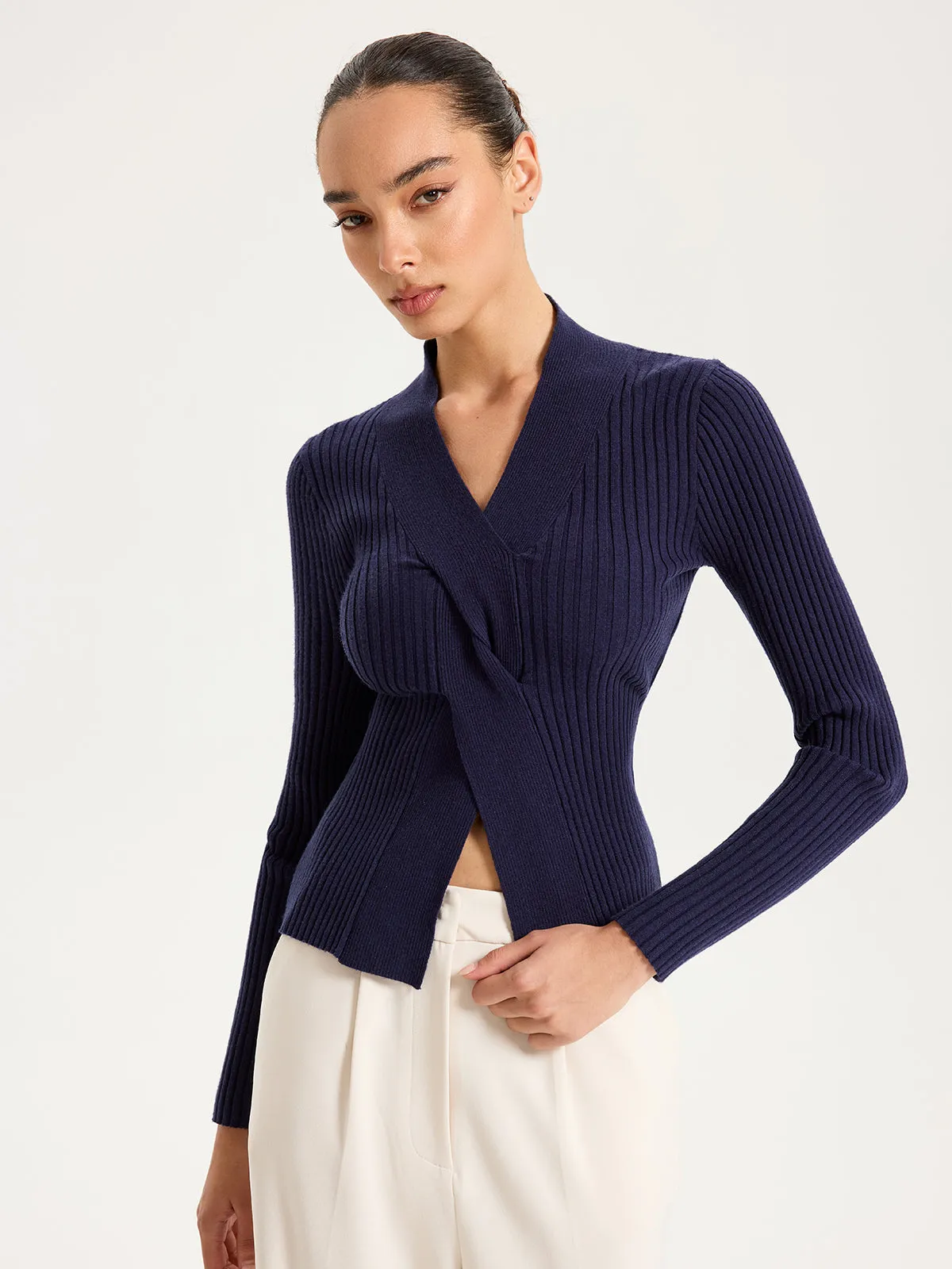 Twisted V-Neck Ribbed Knit Top sold by COMMENSE product image thumbnail 4