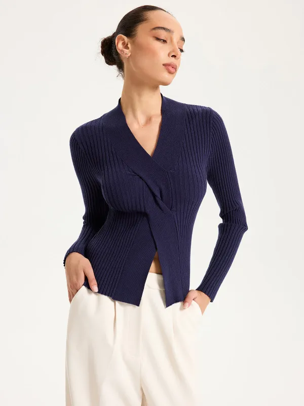 Twisted V-Neck Ribbed Knit Top sold by COMMENSE