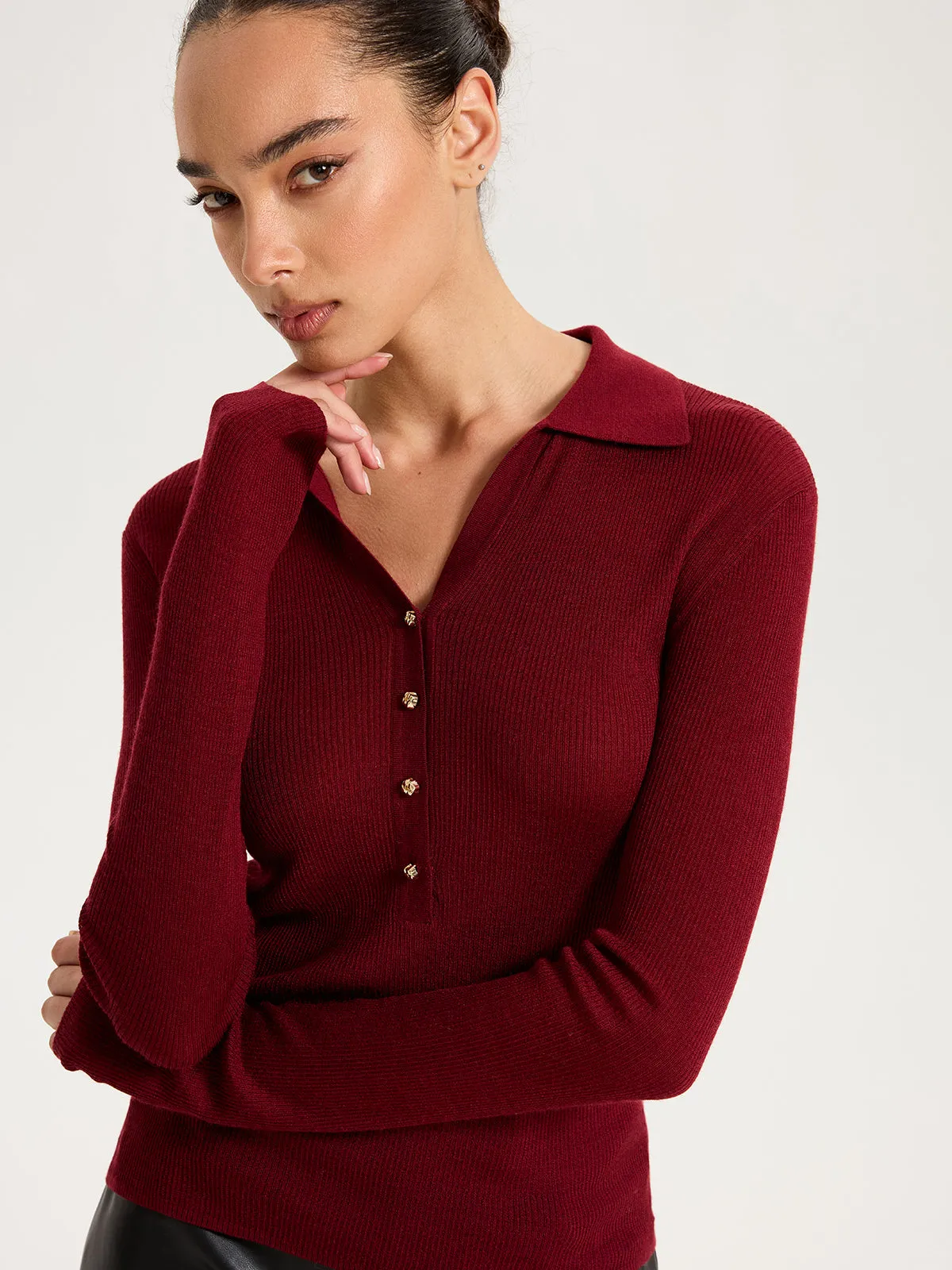 Wool-Blend Buttoned Long Sleeve Polo Knit Top sold by COMMENSE