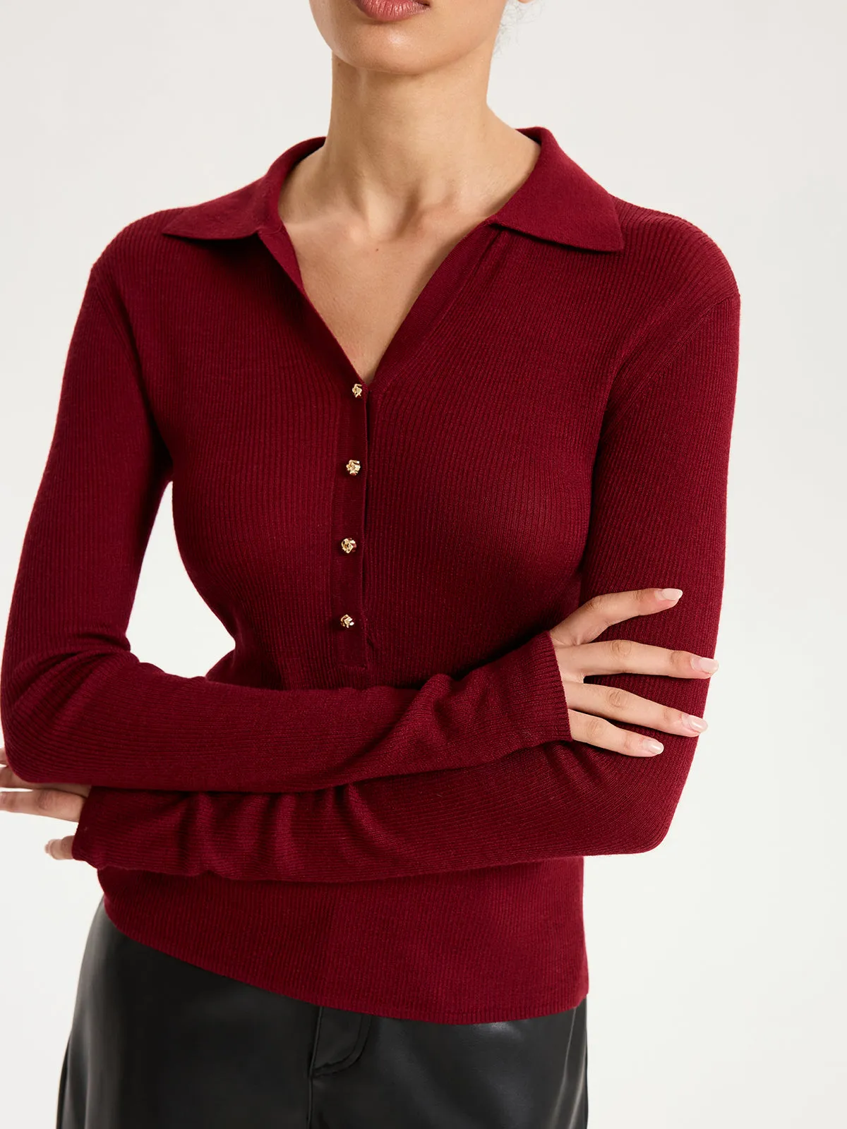 Wool-Blend Buttoned Long Sleeve Polo Knit Top sold by COMMENSE product image thumbnail 4