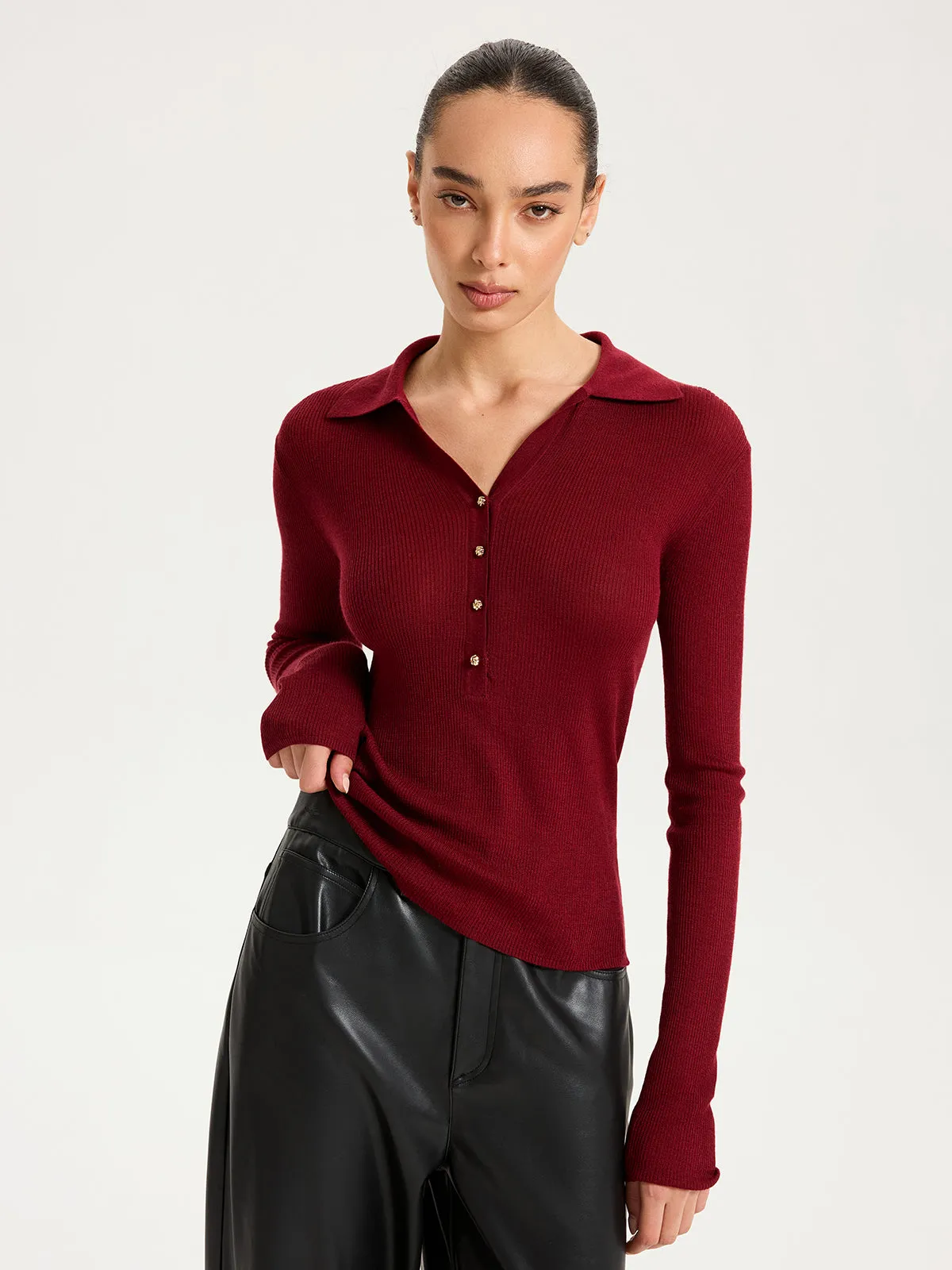 Wool-Blend Buttoned Long Sleeve Polo Knit Top sold by COMMENSE product image thumbnail 2