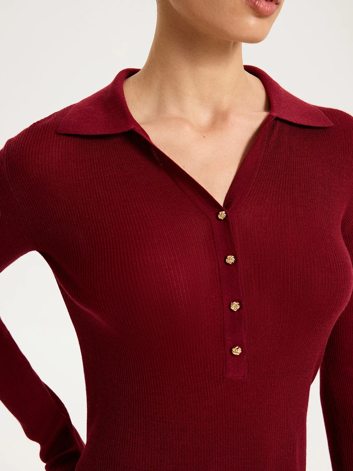 Wool-Blend Buttoned Long Sleeve Polo Knit Top sold by COMMENSE product image thumbnail 5