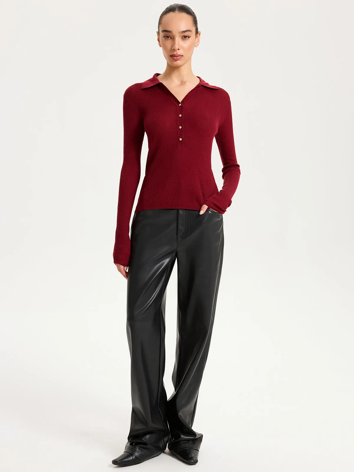 Wool-Blend Buttoned Long Sleeve Polo Knit Top sold by COMMENSE product image thumbnail 3
