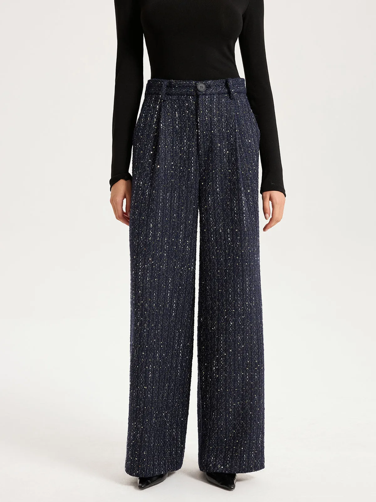 Mid-Waist Tweed Sequin Wide-Leg Pants sold by COMMENSE