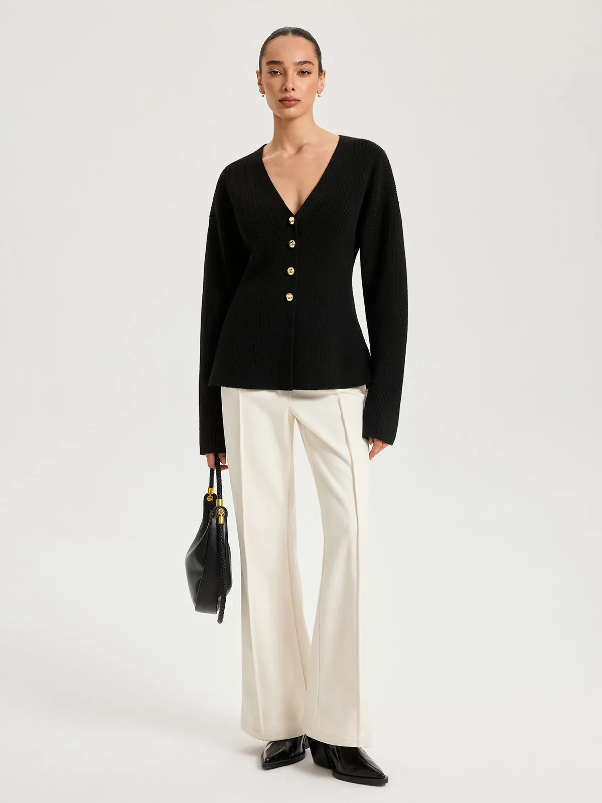 Wool-Blend V-Neck Button Cardigan sold by COMMENSE product image thumbnail 3