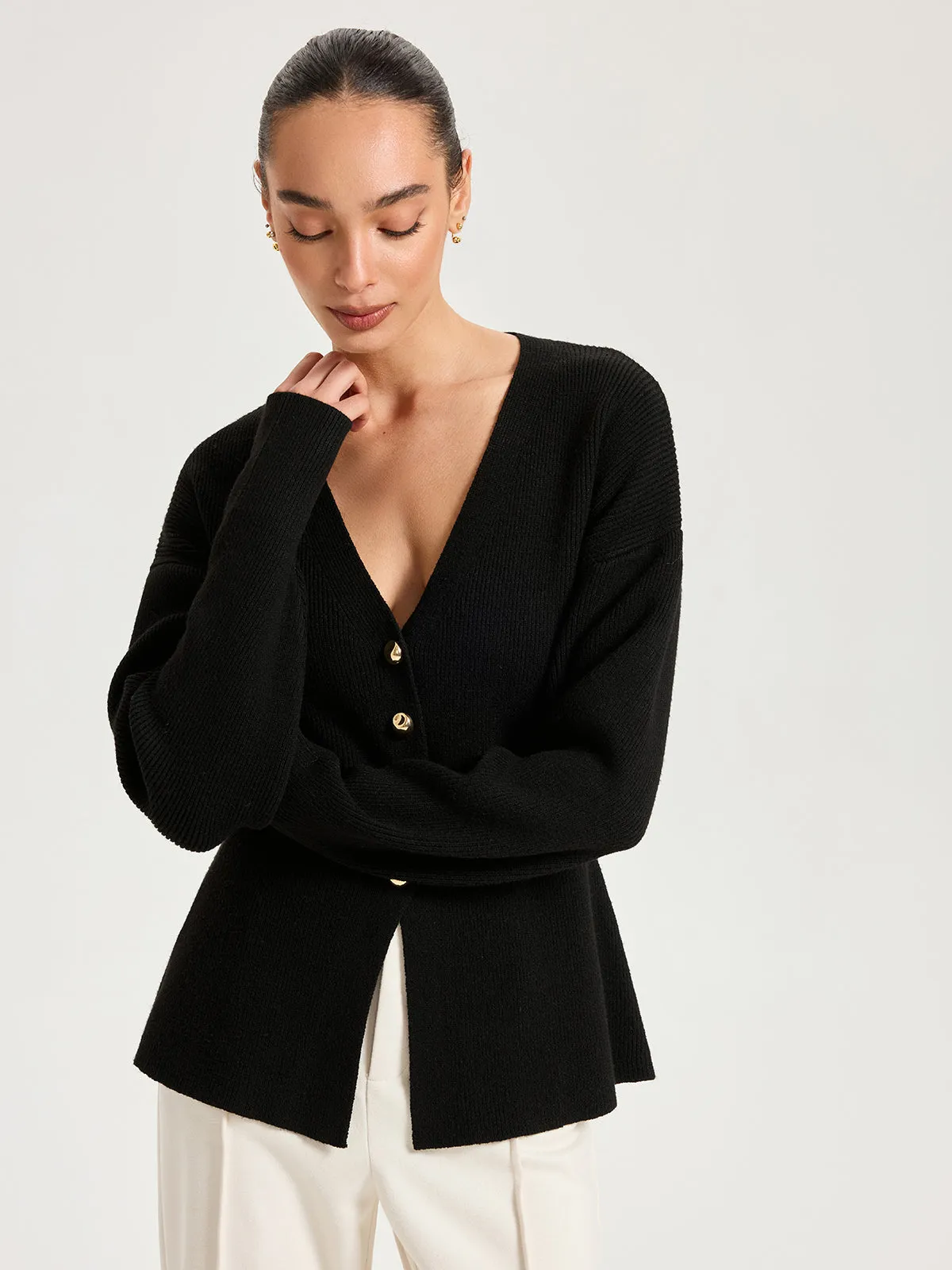 Wool-Blend V-Neck Button Cardigan sold by COMMENSE