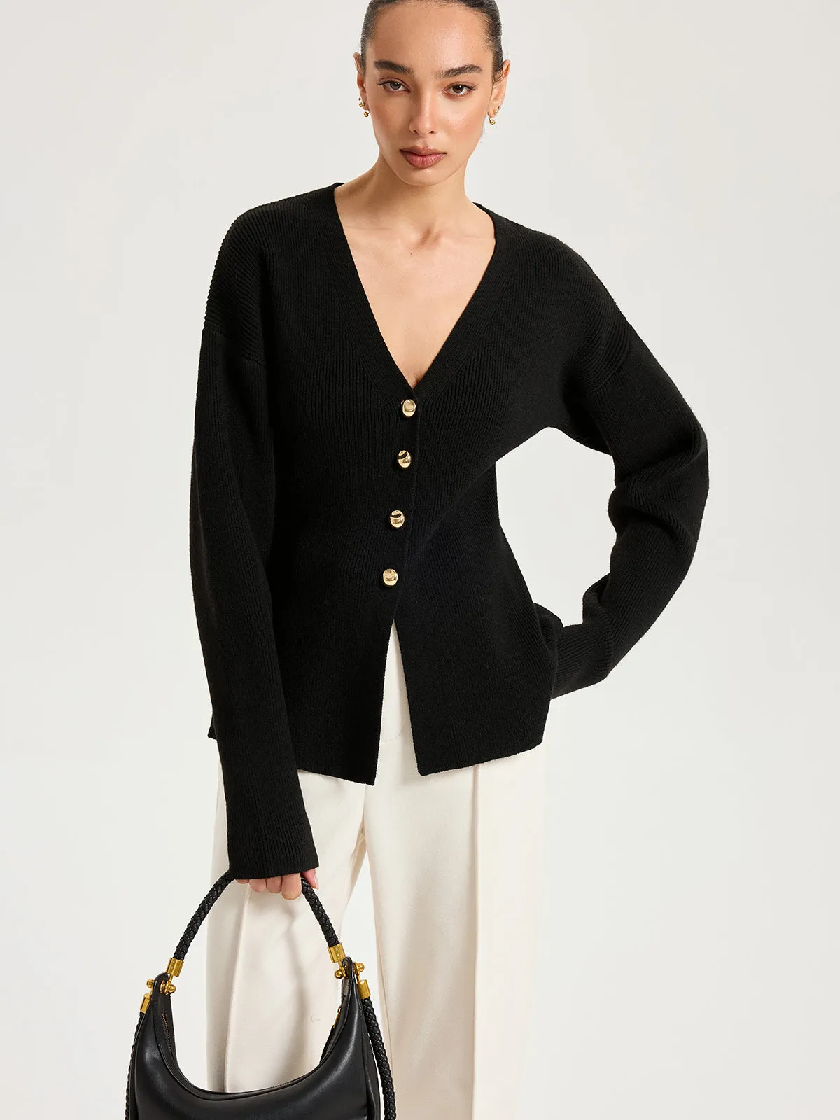Wool-Blend V-Neck Button Cardigan sold by COMMENSE product image thumbnail 4