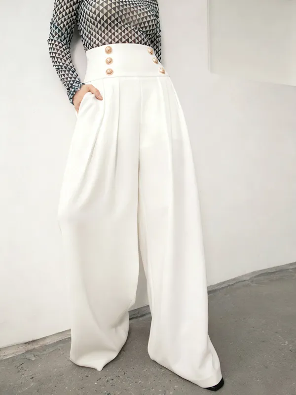 High-Waist Metal Detail Wide-Leg Pants sold by COMMENSE