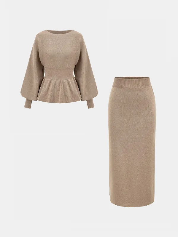 Knitted Peplum Top and Midi Skirt Set sold by COMMENSE