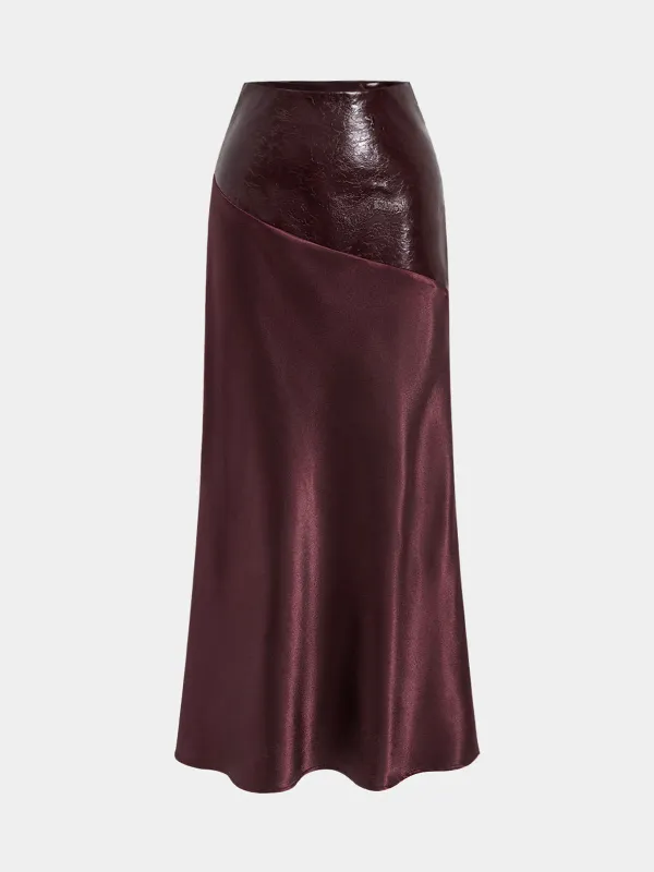 Faux Leather Panel Asymmetric Satin Maxi Skirt sold by COMMENSE
