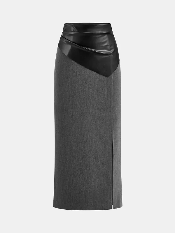 Faux Leather Paneled Slit Midi Skirt sold by COMMENSE