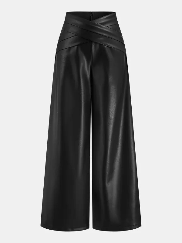 Cross Waistband PU Leather Wide-Leg Pants sold by COMMENSE