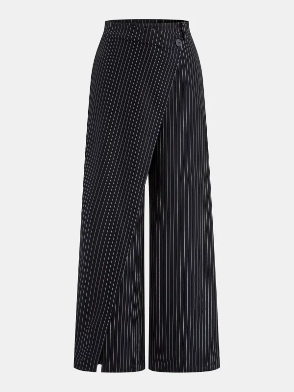 Wide-Leg Pinstriped Asymmetric Placket Pants sold by COMMENSE