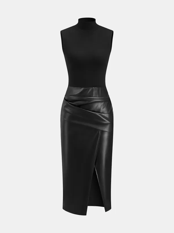 Faux Leather Panel Mock Neck Sleeveless Dress sold by COMMENSE