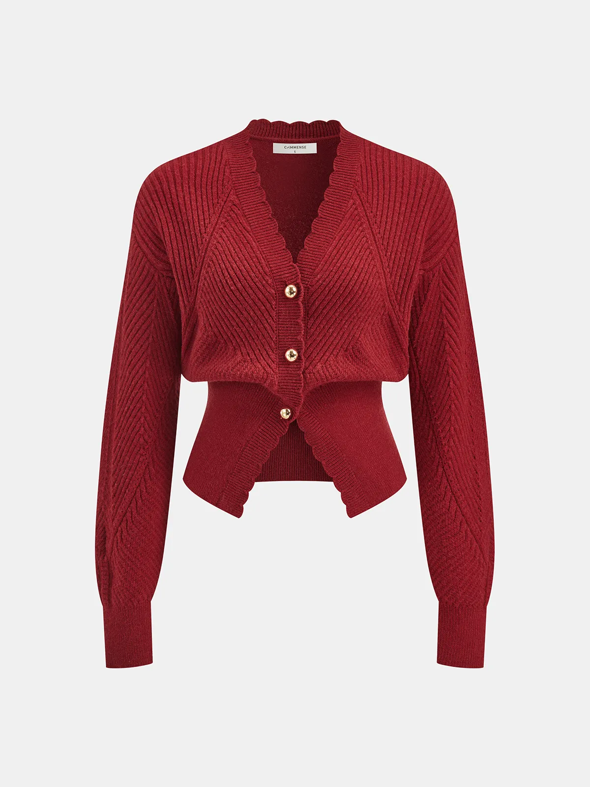 Scalloped Edge Ribbed V-Neck Buttoned Cardigan sold by COMMENSE product image thumbnail 3