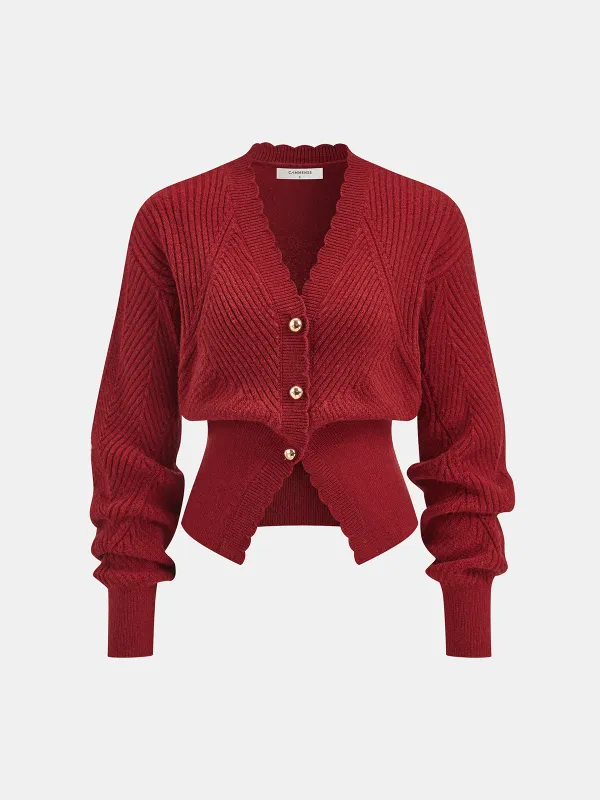 Scalloped Edge Ribbed V-Neck Buttoned Cardigan sold by COMMENSE