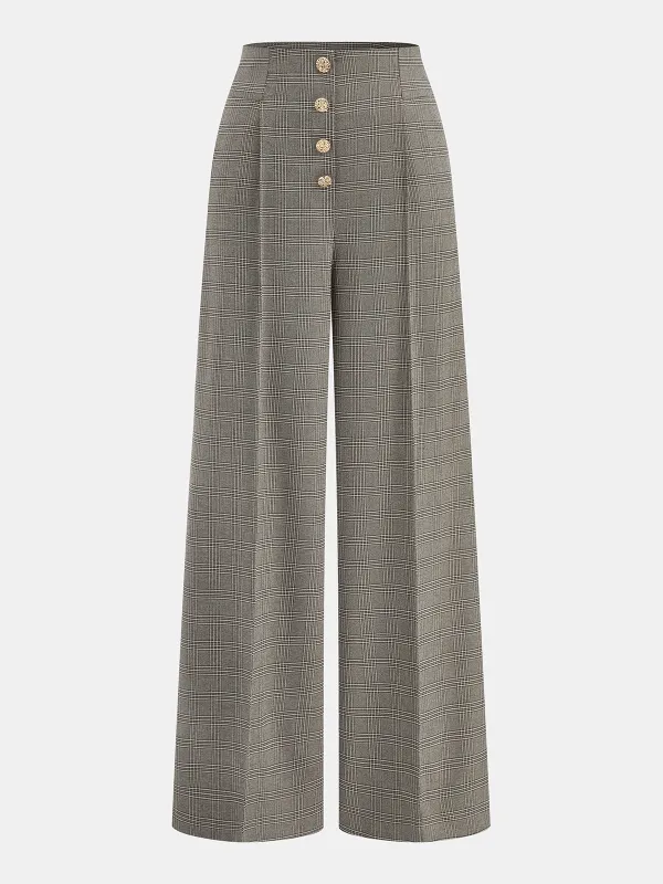 High-Waist Button Detail Plaid Wide-Leg Pants sold by COMMENSE